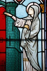 Witraże w krużgankach katedry Notre Dame: historia św. Genowefy, patronki Paryża, Paryż, Francja