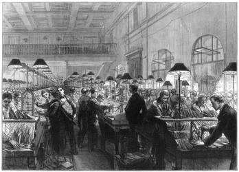 Stemplowanie i sortownia, General Post Office, Londyn, 1875