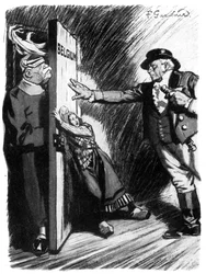 Odsuń się!, John Bull pomaga małej Belgii powstrzymać niemieckiego najeźdźcę, pierwsza wojna światowa, 1914 r.