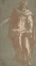 Stojący brodaty mężczyzna trzymający książkę, 1530-60.