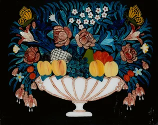 Martwa natura - kwiaty i owoce w biało-różowej misce, 1840-60.