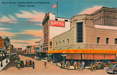 Scena uliczna, patrząc na północ na Franklin St., Tampa, Floryda, c1940