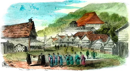 Ulica w Hakodate i procesja pogrzebowa, Japonia, 1856
