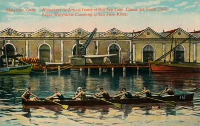 Kajakarstwo w magazynie cukru, rzeka San Juan, Matanzas, Kuba, c1920