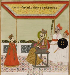 Surat Singh zasiada na tronie z lwami i przyjmuje swojego młodego syna, ok. 1800