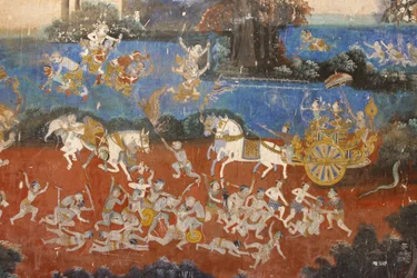 Pagoda SylveraTen mural przedstawia sceny z Reamkera, który jest kambodżańską lub Khmerską wersją klasycznego hinduskiego poematu Ramajana, Phnom Penh, Kambodża