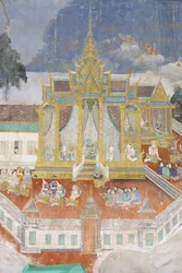 Pagoda SylveraTen mural przedstawia sceny z Reamkera, który jest kambodżańską lub Khmerską wersją klasycznego hinduskiego poematu Ramajana, Phnom Penh, Kambodża