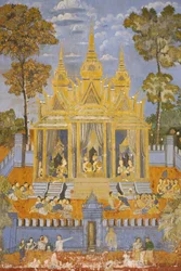 Pagoda Sylvera Ten mural przedstawia sceny z Reamkera, który jest kambodżańską lub khmerską wersją klasycznego hinduskiego poematu Ramajana, Phnom Penh, Kambodża