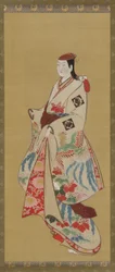 Wysoka dziewczyna, sukienka w ptaszki ho-o i kwiaty kiri, okres Edo, 1615-1868.