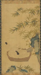 Gobelin: gołębie kąpiące się w misce, skały i bambusy, prawdopodobnie dynastia Ming, 1368-1644.