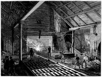 Dotykanie wielkiego pieca i doprowadzanie stopionego żelaza do świń, ok. 1885 r.
