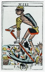 Karta Tarota Śmierci, ponury żniwiarz, tarot szlachecki, XVII wiek.