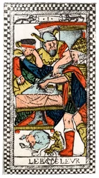 Karta tarota Żonglera lub Mountebanku, paryski Tarot, 1500.