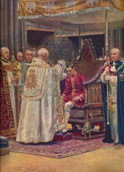 Namaszczenie: arcybiskup czyniący znak krzyża na głowie króla, 1937