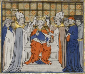 Namaszczenie i koronacja Ludwika IV w Laon, 19 czerwca 936. Z Grandes Chroniques de France, 15