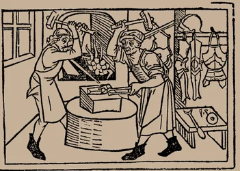 Sztuka kowalstwa. Z Speculum Vitae Humanae autorstwa Rodericus Zamorensis, 1479.
