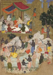Przebudzenie Kumbhakarny w Złotym Mieście Lance, Folio z Ramajany, ca. 1605.