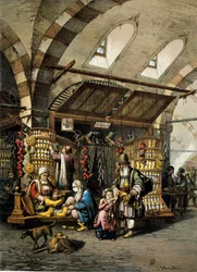 Bazar (suk) Konstantynopola, kolorowa litografia
