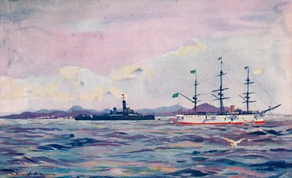 Krążownik treningowy Benjamin Constant Training Cruiser i pancernik Minas Geraes w porcie Rio, 1914