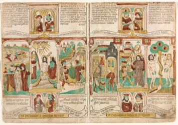 Biblia ubogich Biblia Pauperum, Armia faraonów zatopiona w Morzu Czerwonym..., 1450-1465.