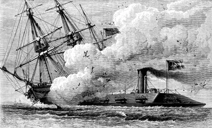 Konfederacki pancernik Merrimac zatapiający USS Cumberland, 1862 c1880