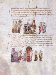 Sobór Konstantynopolitański Triumf Prawosławia w 843 r. Miniatura z madryckiego Skylitzes,