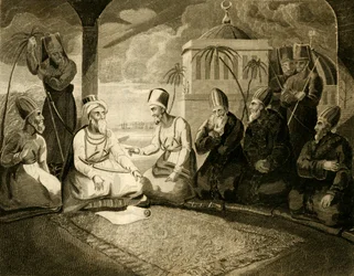 Dey z Algieru konsultujący się ze swoją radą w sprawie przybycia floty angielskiej, 1816.