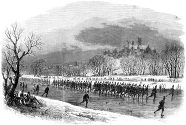 Pierwsi ochotnicy strzelców z Lincolnshire podczas marszu w dół rzeki Witham na łyżwach, 1861