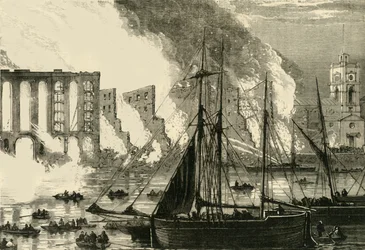 Wielki pożar w Cottons Wharf Tooley Street, 1861, c1878.