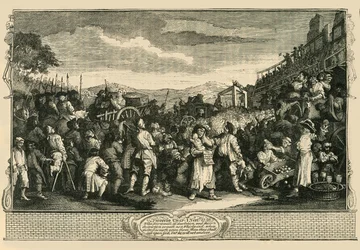 Bezczynny praktykant stracony w Tyburn. Za Hogarths Print., 1747, c1876.