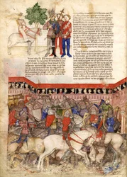 Miniatura Rycerzy Okrągłych z Poszukiwania Świętego Graala i śmierci Artura, ok. 1220