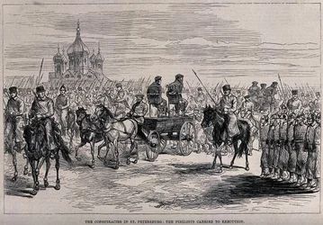 Nihiliści przewiezieni na egzekucję w Petersburgu, ok. 1881 r.