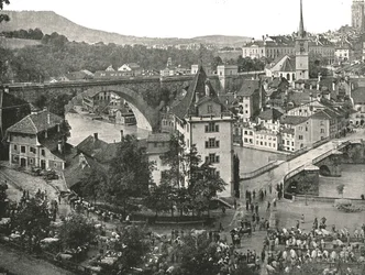 Targ Nydeggbrücke i bydła, Berno, Szwajcaria, 1895.