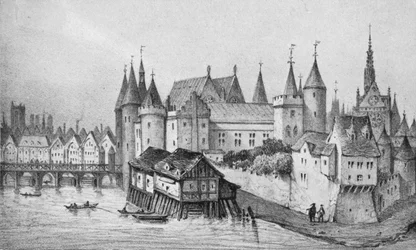 „Pont aux Meuniers i część Pałacu Króla Miasta w 1556, 1915”
