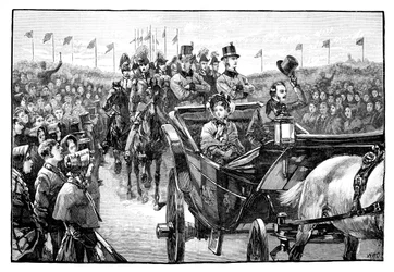 Przybycie Queens do Peel Park niedaleko Manchesteru, 1851, 1888