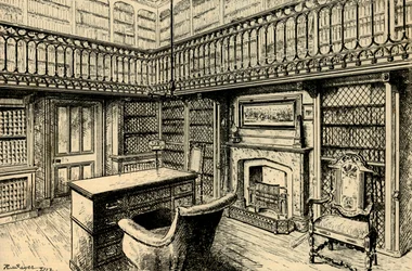 The Study at Abbotsford, przedstawiający biurko i krzesło Sir Waltera Scottsa, 1882 r.