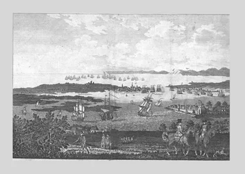 Miasto i port Portsmouth z widokiem na flotę jego Królewskiej Mości w Spithead, XVIII wiek.
