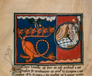 Kobieta i smok. Miniatura z: Apocalypse de Saint Jean, ok. 1320.