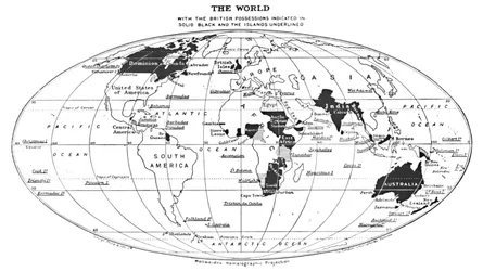 Świat z posiadłościami brytyjskimi zaznaczonymi pełną czernią i podkreślonymi wyspami, 1924