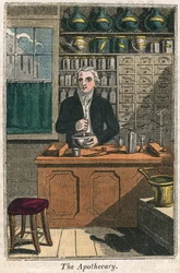 Aptekarz używający tłuczka i moździerza do przygotowania leków, 1823