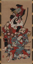 Scena ciągnięcia zbroi ze sztuki Soga, okres Edo, 1615-1868.