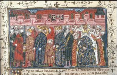 Koronacja Filipa II Augusta w obecności Henryka II Angielskiego, z Chroniques de France ou de St Denis, po 1380 roku