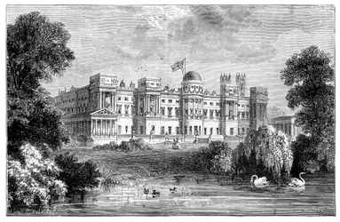 Frontowy ogród Pałacu Buckingham, Londyn, 1900
