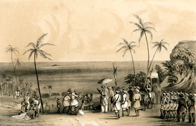 Kupcy z Calicut złapali i przykuli łańcuchami do jałowej skały na rozkaz Tippoo Saiba, 1847