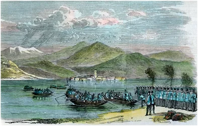 Wojna, przeprawa Austriaków przez Lago Maggiore, Włochy, ok. 1875 r.