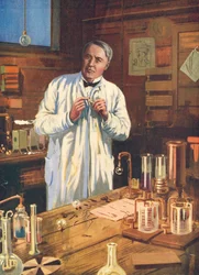 Thomas Edison, amerykański wynalazca, w swoim laboratorium, Menlo Park, New Jersey, USA, lata 70. i 20. XX wieku