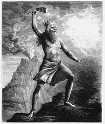 Thor, bóg piorunów w skandynawskim panteonie, dzierżący swój młot, 1874