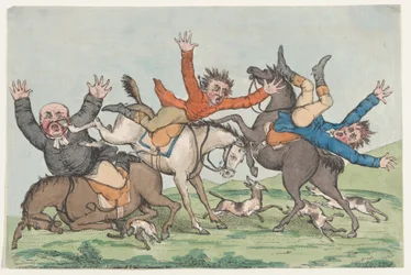 Trzech jeźdźców spada z wierzchowców, 1780-1820.