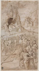 Trzy sceny z Męki Pańskiej recto Szkic architektoniczny verso, 1500s.