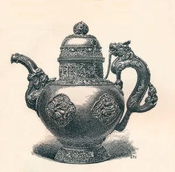 Tybetański czajniczek do herbaty ze smoczą dziobkiem i uchwytem ukazującym chińskie wpływy, c1904